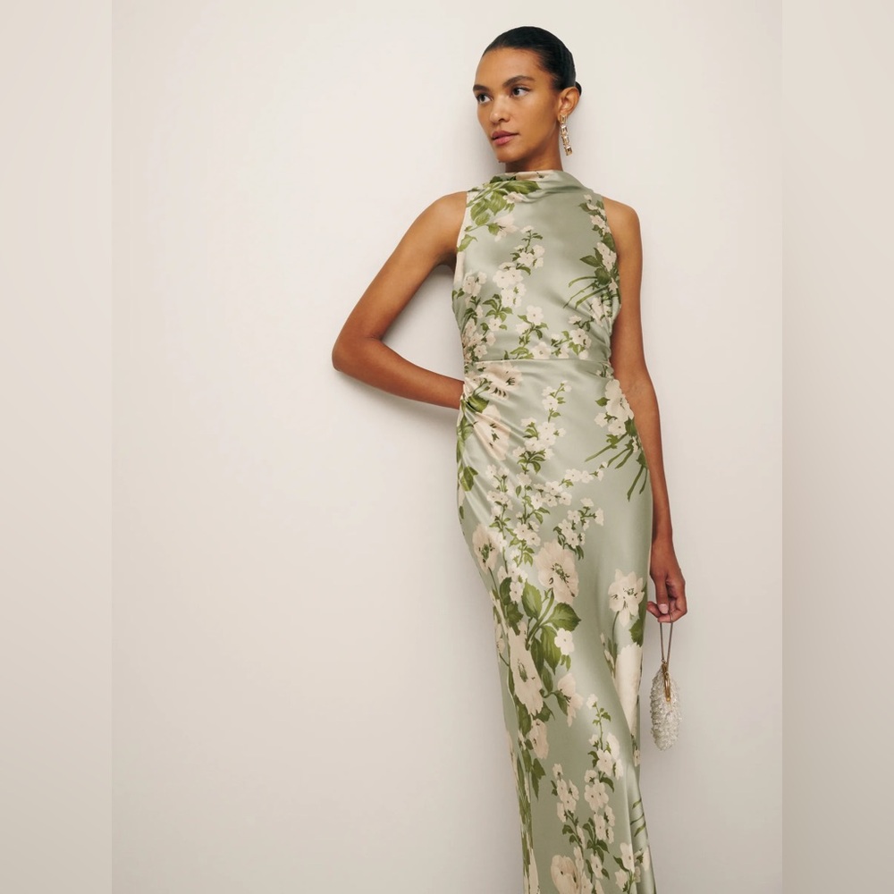 Reformation Anaiis Silk Dress In Tarragon, brand new, never worn, no flaws. - Picture 2 of 16